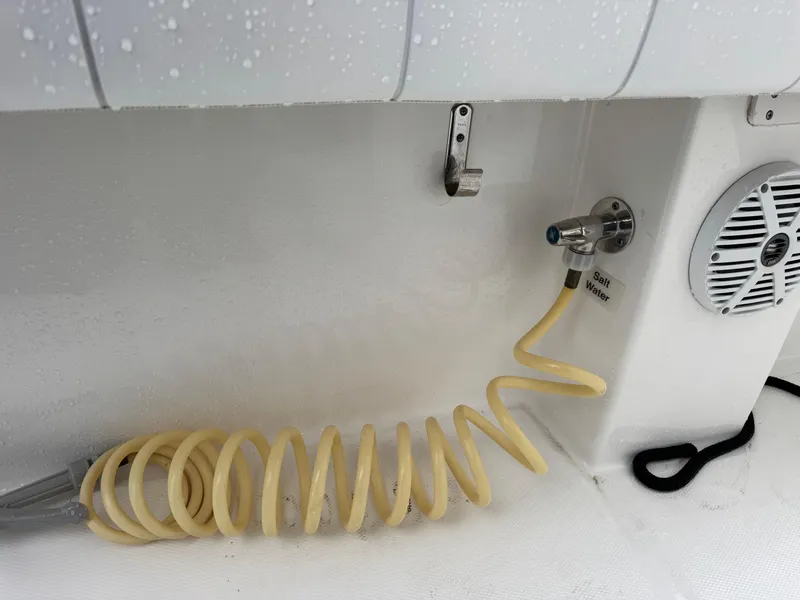 Slide: The Image of Coiled hose and speaker on 2019 Regulator 31 boat deck. - 17