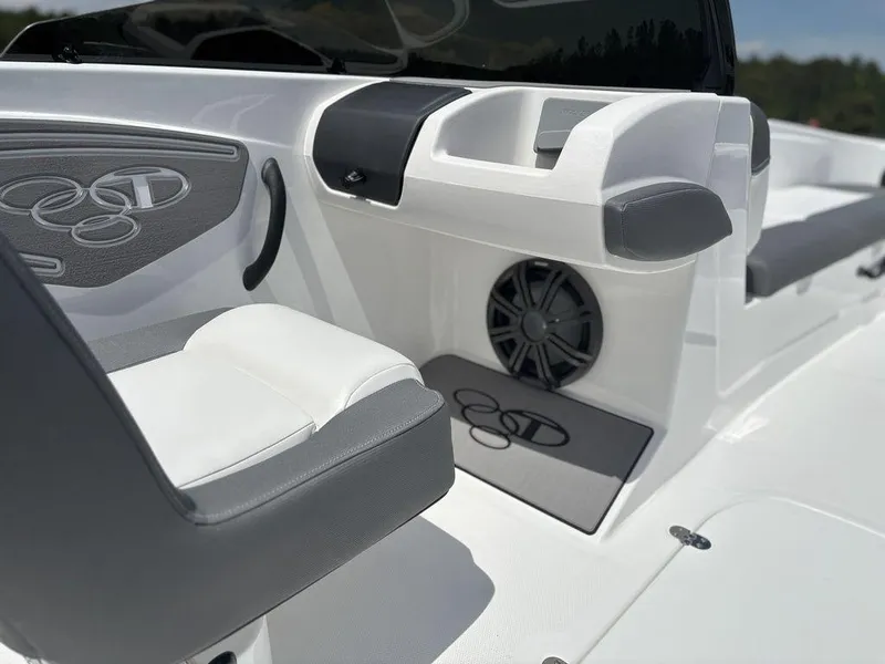 Slide: The Image of Interior of 2025 Tahoe T21 boat featuring sleek seating and modern design elements. - 17