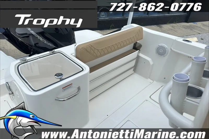 Slide: The Image of 2025 Trophy T24 CC boat interior with seating and storage, featuring Antonietti Marine branding. - 10