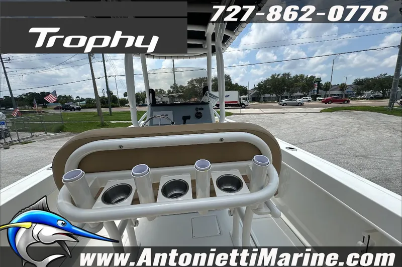 Slide: The Image of 2025 Trophy T24 CC boat interior with rod holders, displayed at Antonietti Marine. - 13