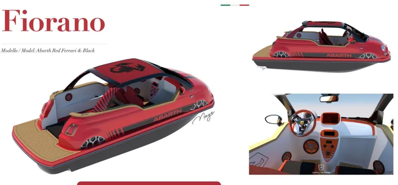Slide: The Image of Fiorano Abarth Red Ferrari & Black boat, 2025 Car Off-shore Fiat 500 Abarth model. - 17