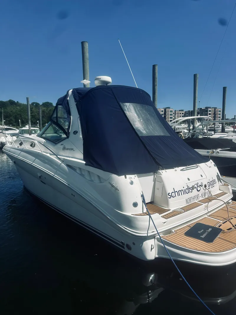 Slide: The Image of 2006 Sea Ray 320 Sundancer boat docked in marina, featuring sleek design and blue canopy. - 1