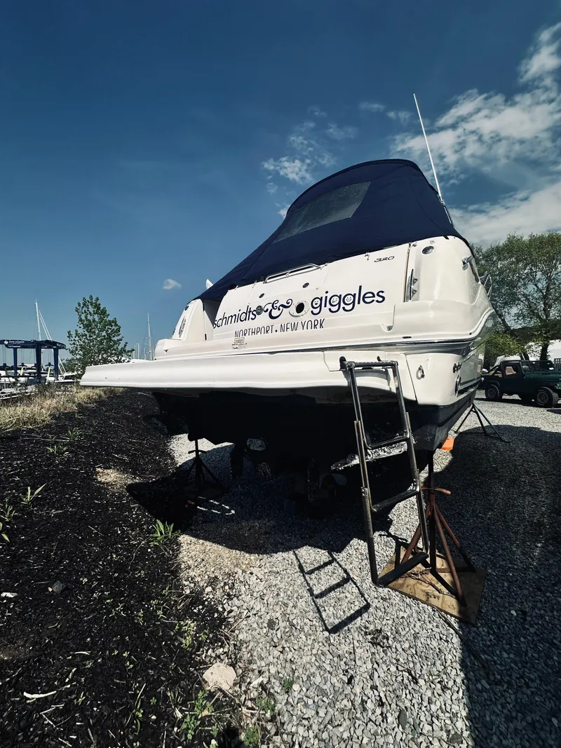 Slide: The Image of 2006 Sea Ray 320 Sundancer boat on land with blue canopy, ladder access. - 8