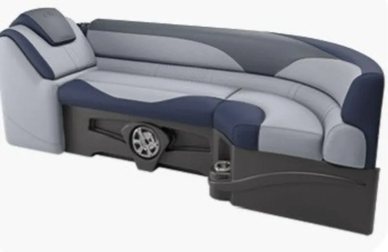 Slide: The Image of 2025 Tahoe LTZ 2185 QLS boat seating, gray and navy, with cup holder and speaker. - 2
