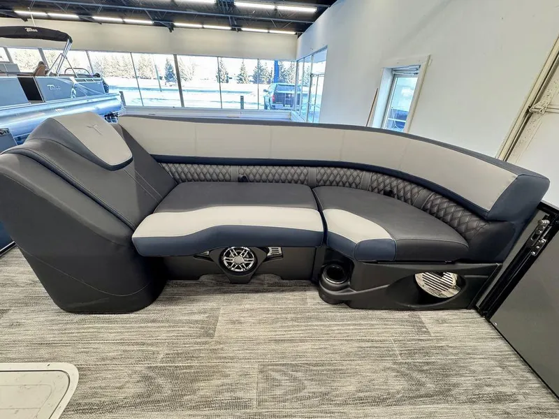 Slide: The Image of Luxurious seating on 2025 Tahoe Cascade 2585 QLS pontoon boat, featuring modern design and comfort. - 7