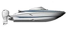 Slide: The Image of 2024 Crownline 250 XSS boat, sleek design, side view, outboard motor. - 1