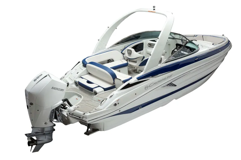 Slide: The Image of 2024 Crownline 250 XSS boat with sleek design and powerful Mercury outboard engine. - 8