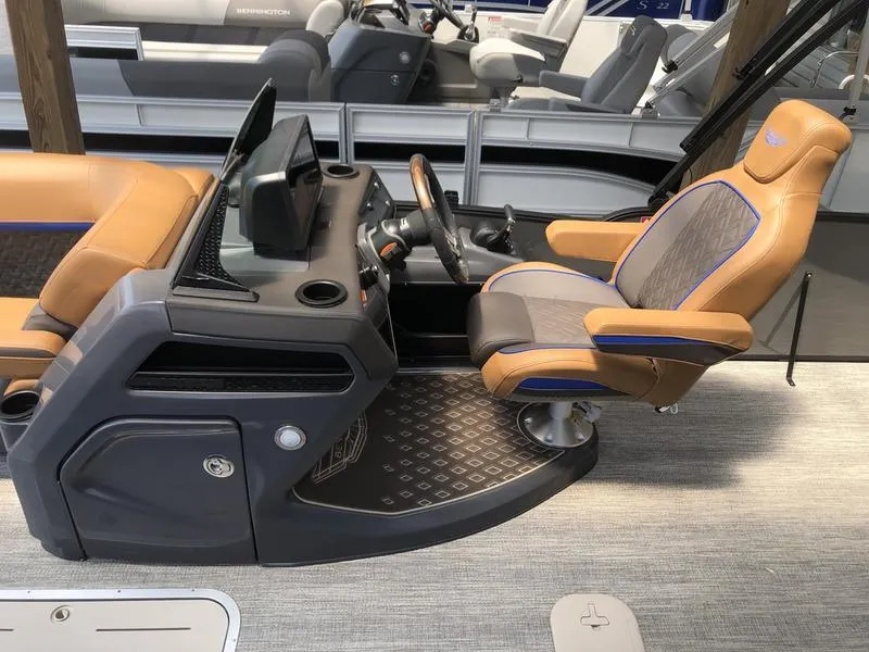 Slide: The Image of 2025 Bennington M L-Bench 24ML boat interior with modern helm and luxurious seating. - 4