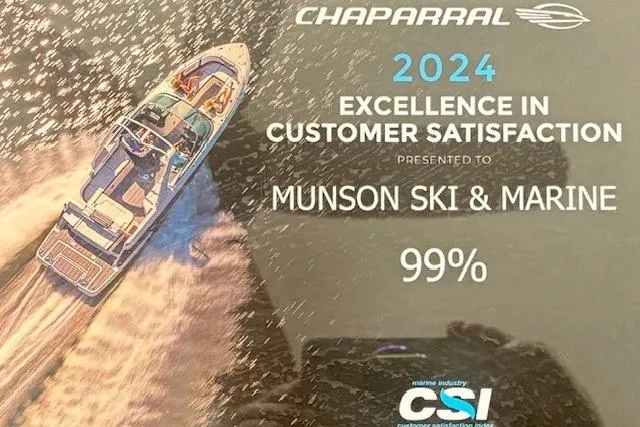 Slide: The Image of Chaparral 21 SSi boat, 2024 customer satisfaction award, Munson Ski & Marine, 99% rating. - 26