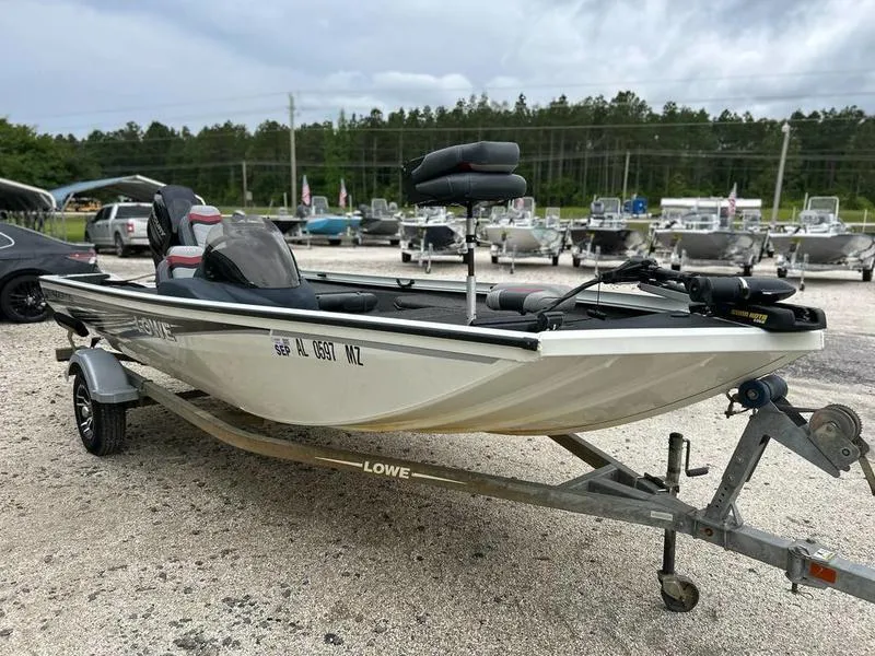 Slide: The Image of 2017 Lowe Stinger 175 boat on trailer, parked outdoors with other boats in background. - 4
