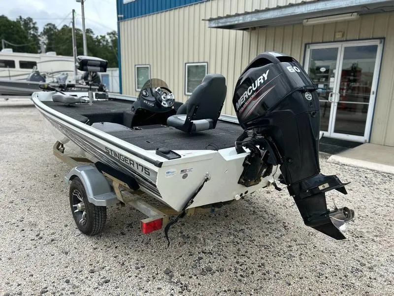 Slide: The Image of 2017 Lowe Stinger 175 boat with Mercury 60 engine on trailer. - 6