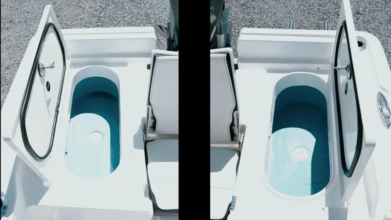 Slide: The Image of 2025 Tidewater 210 LXF boat storage compartments with open lids, showcasing interior design. - 36