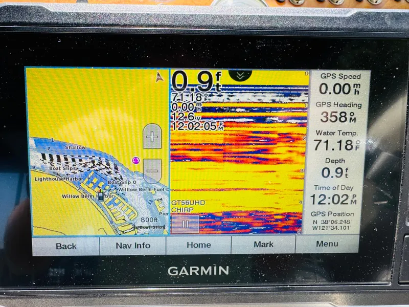 Slide: The Image of Garmin marine GPS display showing sonar data and map, Cobalt 293, 1998 model. - 30