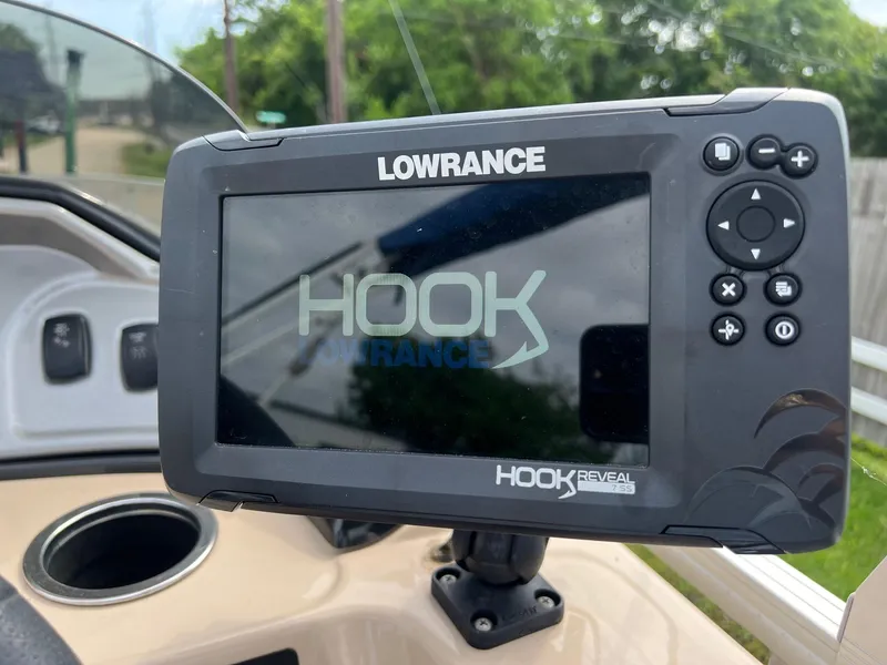 Slide: The Image of Lowrance Hook Reveal fish finder on 2017 Sun Tracker Fishin' Barge 22 DLX. - 18