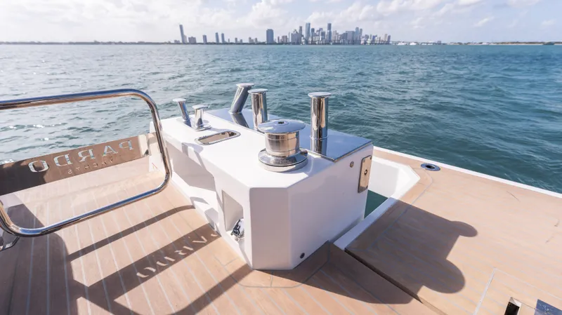 Slide: The Image of 2024 Pardo Yachts E60 deck with city skyline in background. - 49