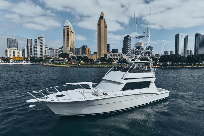 The Image of 1990 Hatteras 58 Convertible yacht cruising near city skyline under cloudy sky. - 0