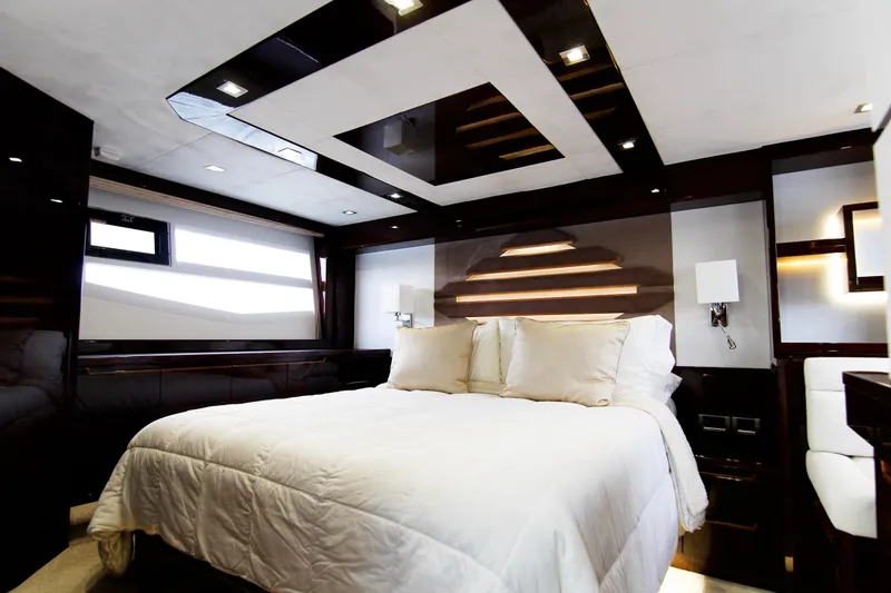 Slide: The Image of Luxurious bedroom interior of 2020 Galeon 550 Fly yacht with modern design. - 29
