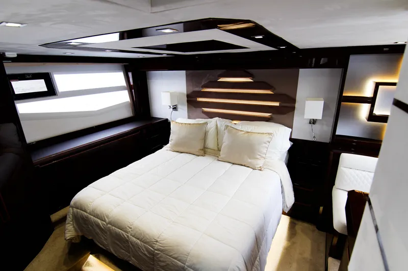 Slide: The Image of Luxurious bedroom interior of 2020 Galeon 550 Fly yacht with modern design and ambient lighting. - 30