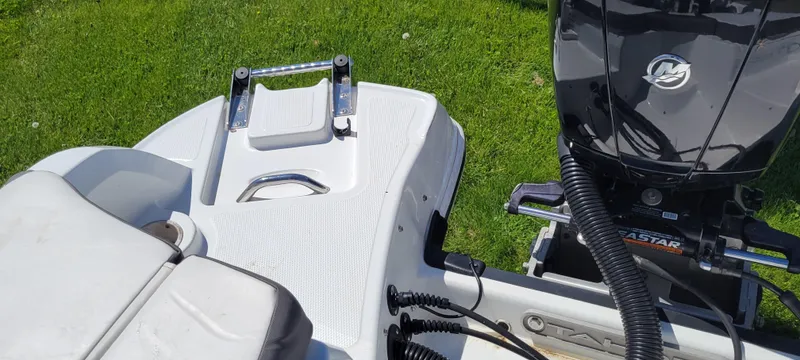 Slide: The Image of 2021 Bass Tracker TAHOE 550TF boat with motor on grassy background. - 11