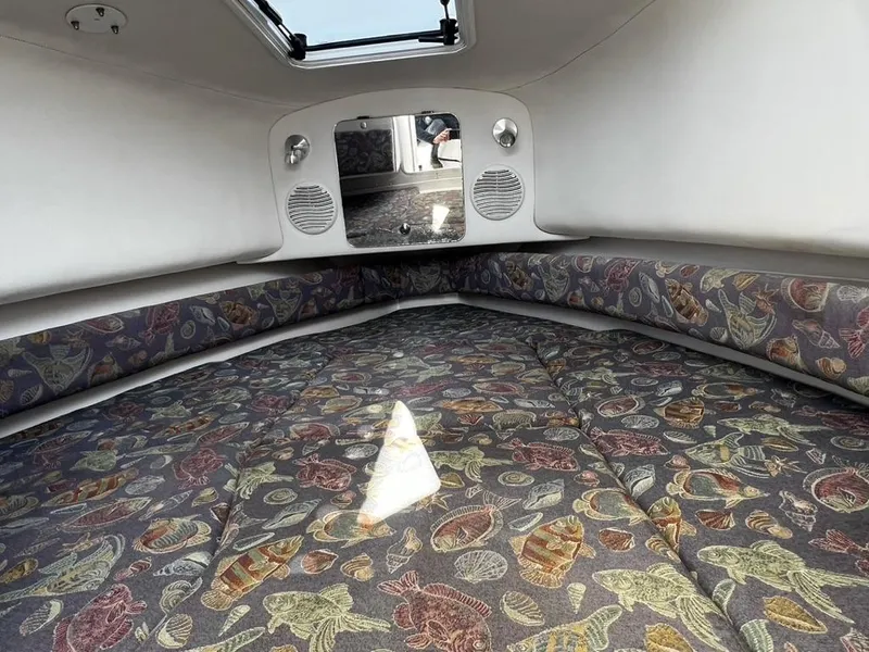 Slide: The Image of 2001 Pro-Line 27 Express cabin interior with fish-patterned upholstery and overhead hatch. - 21