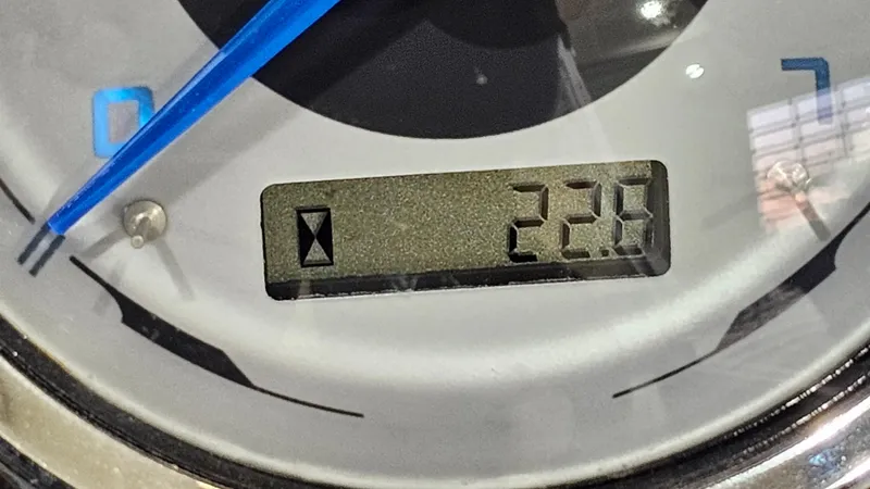 Slide: The Image of Close-up of SunChaser Eclipse 8525 Entertainer 2019 gauge displaying 22.8 hours. - 23