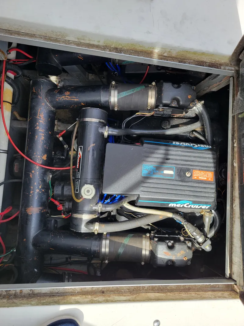 Slide: The Image of Engine compartment of a 1989 Sea Ray 340 Sundancer with MerCruiser components. - 39