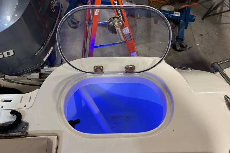 Slide: The Image of Open livewell with blue lighting on a 2019 Sailfish 241 CC boat. - 45