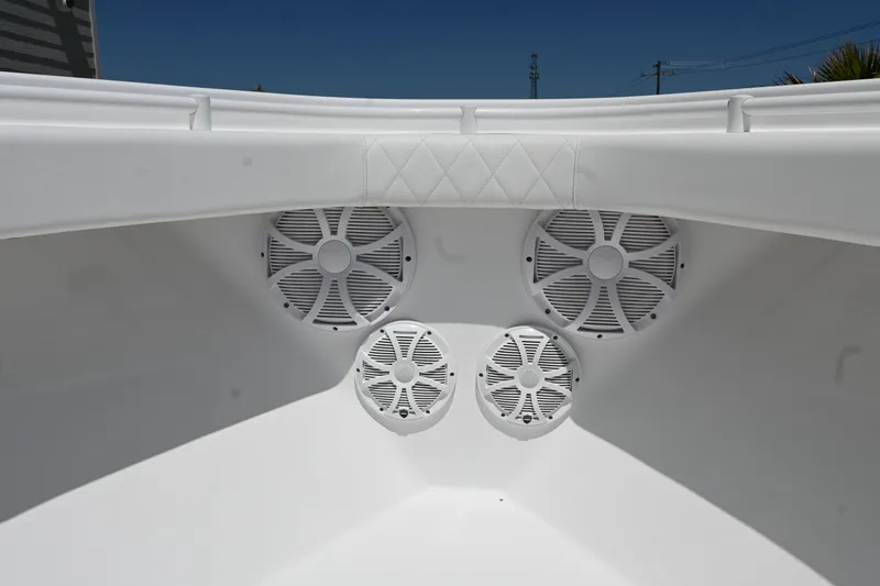 Slide: The Image of Onslow Bay 41 boat speakers, 2022 model, white interior, marine audio system. - 10