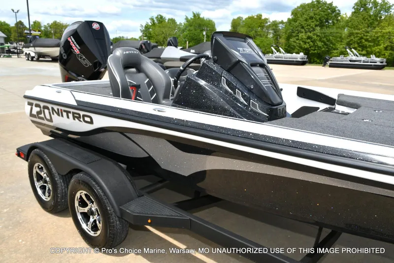 Slide: The Image of 2024 Nitro Z20 Pro boat with sleek design, parked on a trailer in a marina. - 2