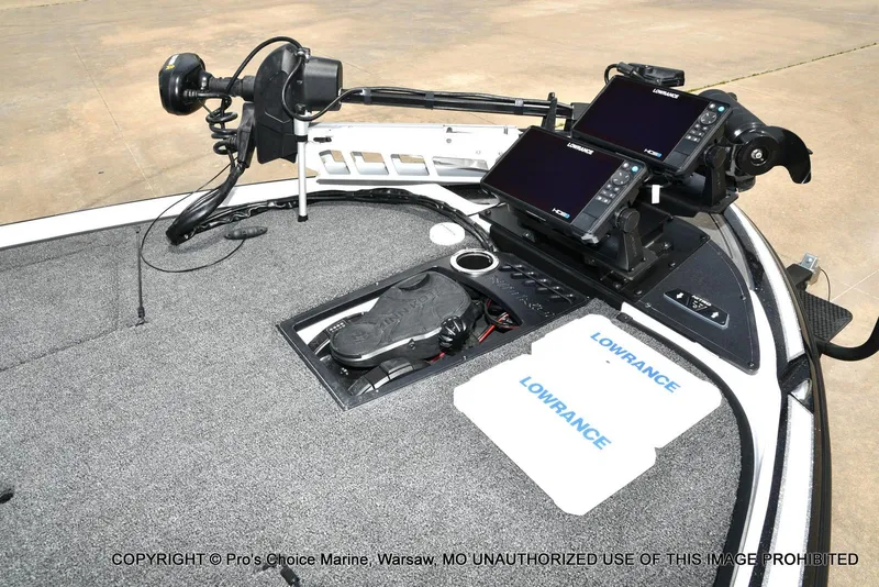 Slide: The Image of 2024 Nitro Z20 Pro boat deck with Lowrance electronics and trolling motor. - 36