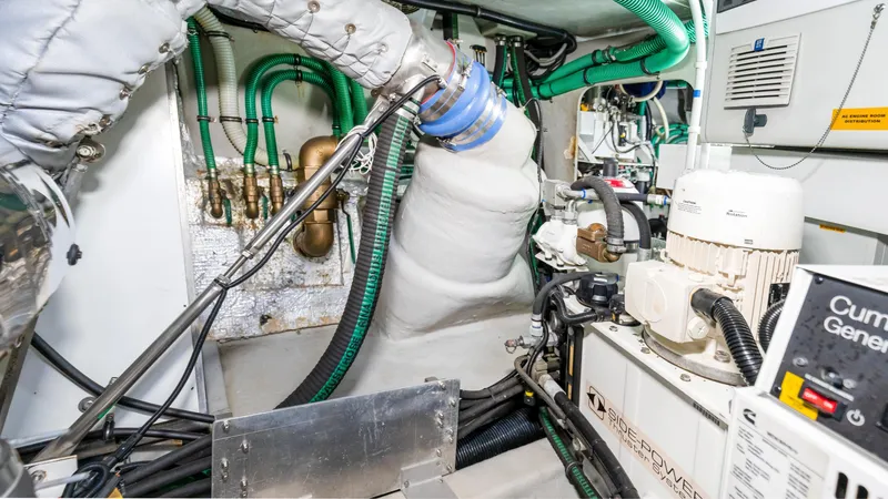 Slide: The Image of Engine room of 2016 Sunseeker Manhattan 55 yacht with visible machinery and wiring. - 97