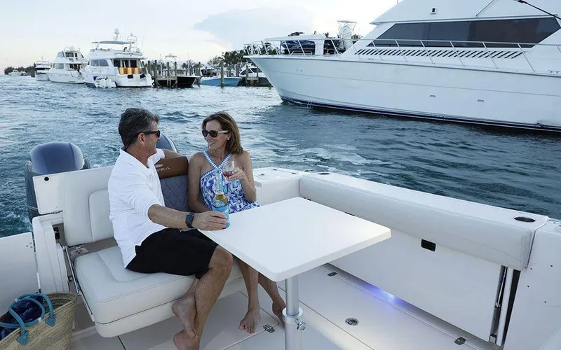 Slide: The Image of Couple relaxing on a 2025 Cobia 280 DC boat, enjoying a scenic marina view. - 18