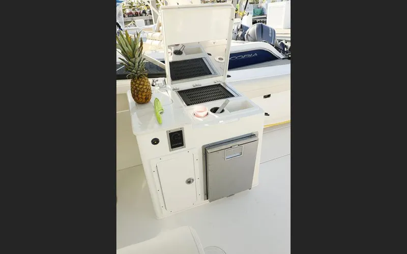 Slide: The Image of Outdoor kitchen on 2025 Cobia 280 DC boat with grill, sink, and pineapple. - 21