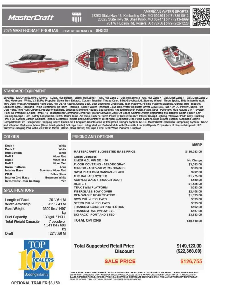 Slide: The Image of 2025 MasterCraft ProStar boat brochure with pricing, specifications, and features. - 11