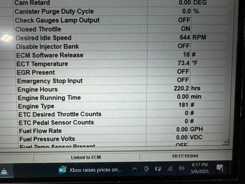 Slide: The Image of Engine diagnostic screen of a 2005 Chaparral 256 SSi boat, showing various performance metrics. - 17