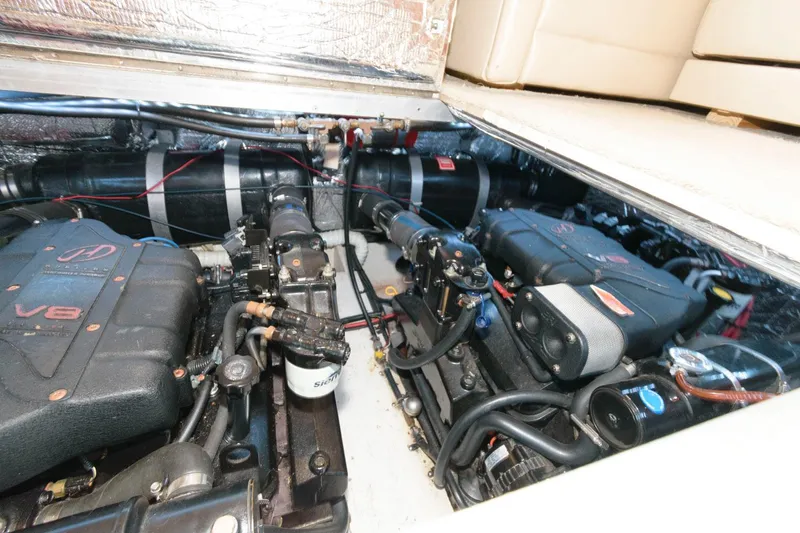 Slide: The Image of Engine room of 1999 Cruisers Yachts 3750 Motoryacht with dual V8 engines. - 27
