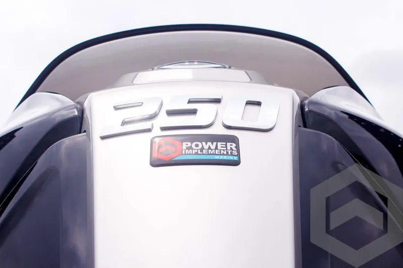 Slide: The Image of 2025 Caymas CX 21 PRO boat engine with "250" and "Power Implements" branding. - 14