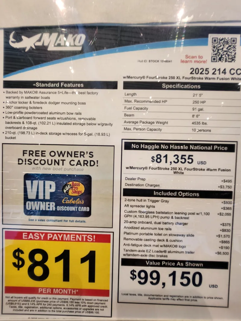 Slide: The Image of 2025 Mako 214 CC boat specifications and pricing details with discount offer and payment plan. - 7