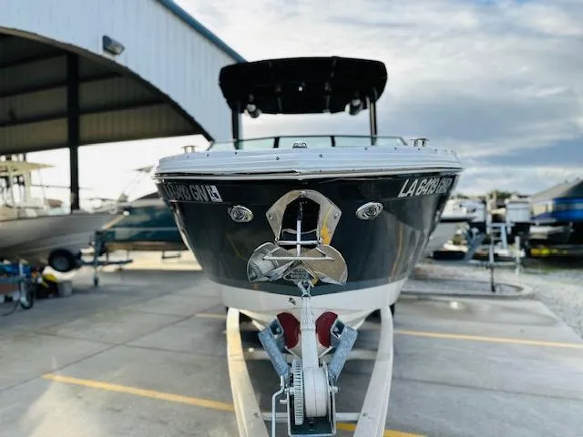 Slide: The Image of 2022 Cobalt R8 boat on trailer in marina setting, front view. - 6