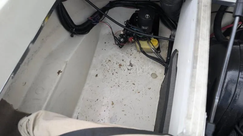 Slide: The Image of 2001 Sea Ray 185 Sport Boat engine compartment, showing wiring and components. - 14