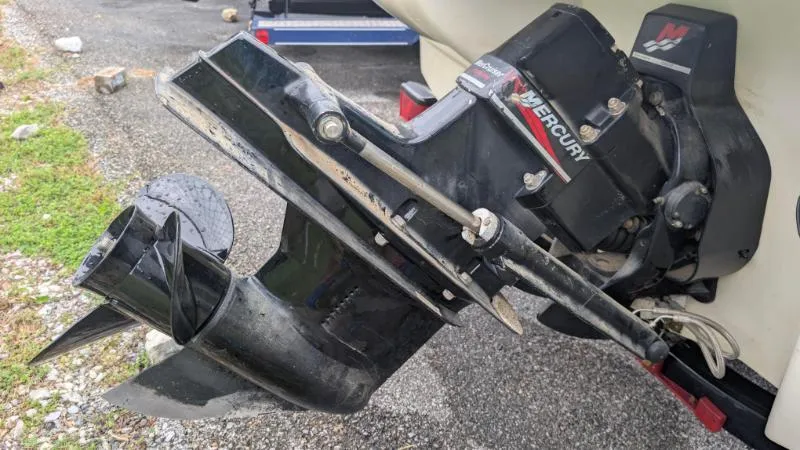 Slide: The Image of 2001 Sea Ray 185 Sport Boat with Mercury outboard motor, close-up view. - 2