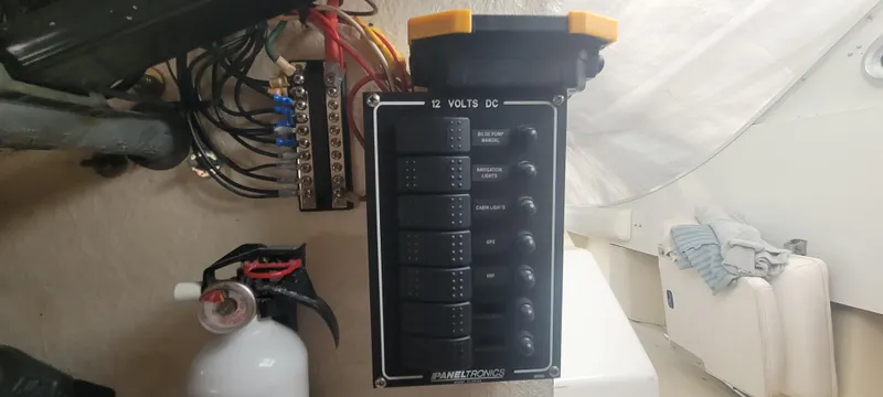 Slide: The Image of 12V DC panel in 1985 SISU Softtop Cruiser boat interior. - 7