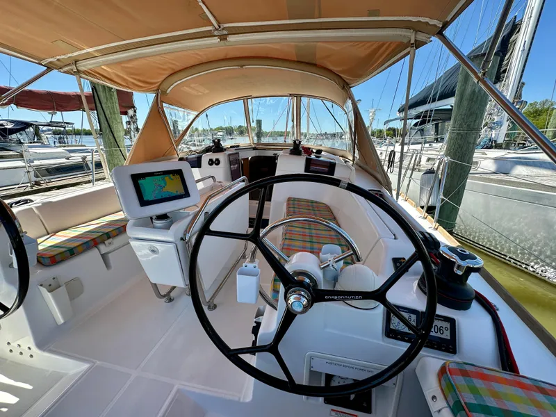 Slide: The Image of Cockpit of 2018 Jeanneau Sun Odyssey 419 sailboat with dual steering wheels and navigation equipment. - 13