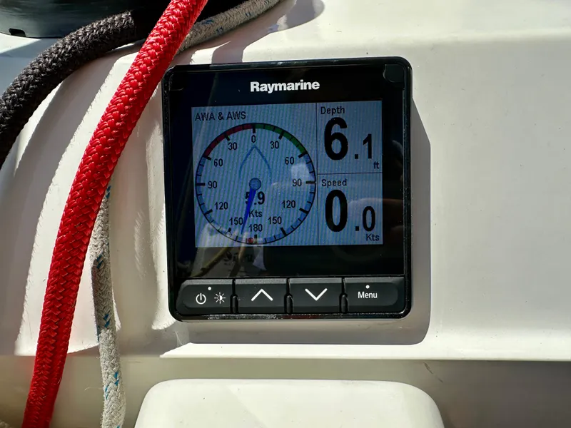 Slide: The Image of Raymarine display on 2018 Jeanneau Sun Odyssey 419 showing depth and speed. - 15