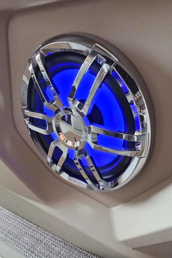 Slide: The Image of 2025 Avalon Platinum Catalina 2385 Elite speaker with blue LED lighting. - 18