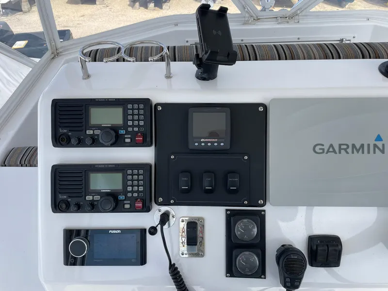 Slide: The Image of Control panel of a 1986 Egg Harbor 41 Convertible boat with navigation equipment. - 17