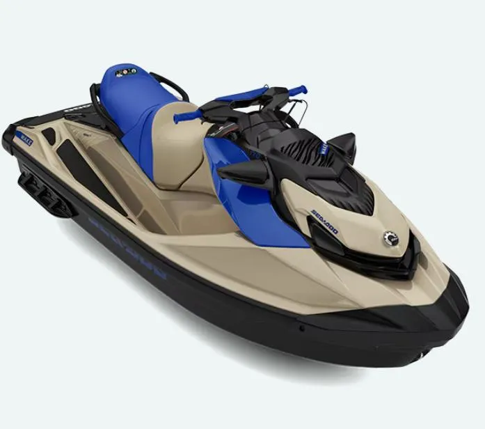 The Image of 2025 Sea-Doo Wake 170 jet ski, beige and blue design, side view. - 1