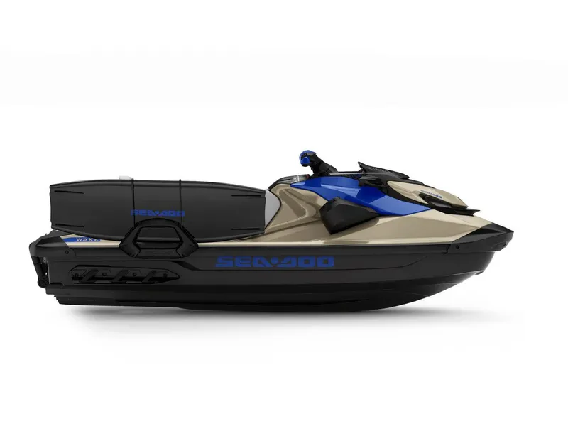 Slide: The Image of 2025 Sea-Doo Wake 170 jet ski, blue and beige design, side view. - 10