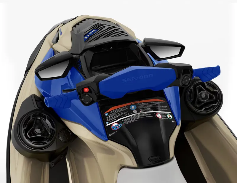 Slide: The Image of 2025 Sea-Doo Wake 170 jet ski, top view, featuring blue and beige design. - 4