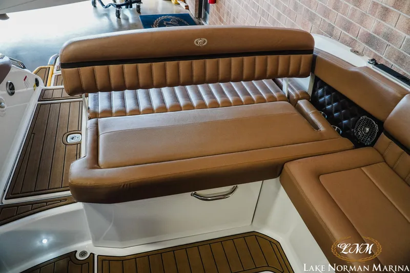 Slide: The Image of Luxurious brown leather seating on 2013 Cobalt A28 boat at Lake Norman Marina. - 24